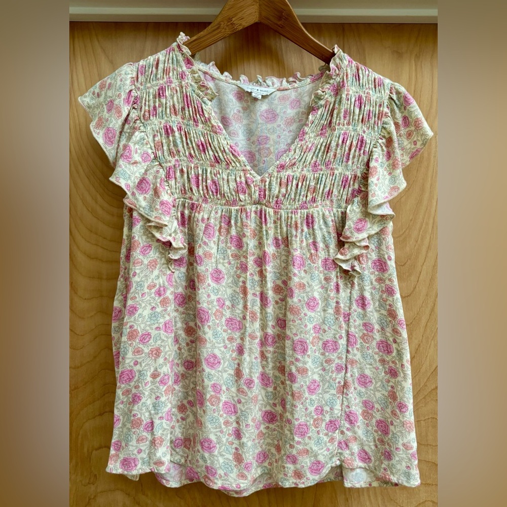 Lucky Brand Ruffle V-neck Flutter Sleeve Top Pastel Floral Woven Size S